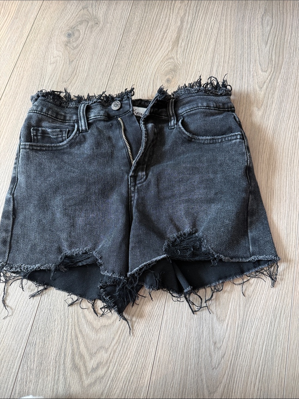 High-Rise Distressed Black Denim Shorts